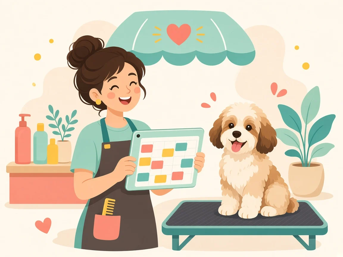 Toelettatrice che gestisce il calendario del salone dal tablet, con un pet sul tavolo